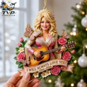 Dolly Parton memorial Christmas tree ornament holding a guitar with roses and butterflies