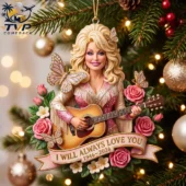Dolly Parton guitar Christmas ornament with roses and butterflies