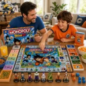 Dragon Ball Z Collector's Edition Monopoly Board Game 2026 2 Father and son playing Dragon Ball Z themed Monopoly board game