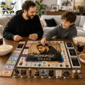 Drake Collector's Edition Monopoly Board Game 2026 2 A father and son playing the Drake collector edition Monopoly board game at home.
