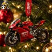 Ducati 100th Anniversary 1926-2026 Motorcycle Christmas Ornament 1 Ducati 100 Years commemorative red motorcycle Christmas ornament hanging on a pine tree