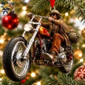 Biker Christmas tree ornament with cowboy rider on a motorcycle