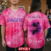 Ed Sheeran Rangers pink baseball jersey worn by two people