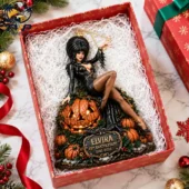 Elvira 45th Anniversary commemorative pumpkin ornament in a festive gift box