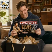 Elvis Presley Collector's Edition Monopoly Board Game 2026 1 Man smiling while holding an Elvis Presley Monopoly board game from Tvpcomebackshop