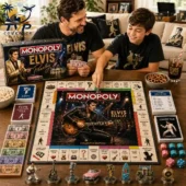 Elvis Presley Collector's Edition Monopoly Board Game 2026 2 Father and son playing Elvis Presley Monopoly collector edition board game.