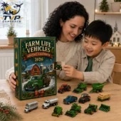 Farm Life Vehicles Advent Calendar 2026 3 A woman and a young boy opening a Farm Life Vehicles 2026 advent calendar at a table with miniature toy farm vehicles.