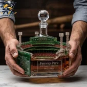 Fenway Park 115 Years Of Memories 1912–2026 Stadium Bottle 2 Hands holding a custom Fenway Park crystal decanter from Tvpcomebackshop