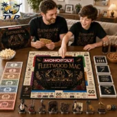 Fleetwood Mac Collector's Edition Monopoly Board Game 2026 2 Father and son playing Fleetwood Mac Monopoly board game by Tvpcomebackshop.