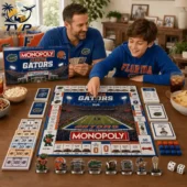 Florida Gators Collector's Edition Monopoly Board Game 1 Father and son playing Florida Gators Monopoly board game at home