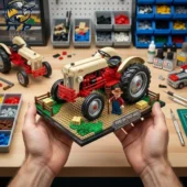Ford 8N 80th Anniversary Tractor Collector Edition Building Brick Set 2 A person holding a custom brick-built Ford 8N tractor display set by Tvpcomebackshop.