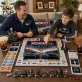 Father and son playing Monopoly Mustang Collector's Edition game