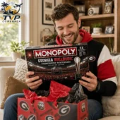 Georgia Bulldogs Championship Anniversary Monopoly Board Game 2026 1 Man smiling while opening a Georgia Bulldogs Monopoly Championship Anniversary Edition board game from Tvpcomebackshop.