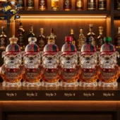 Collection of six crystal Georgia Bulldog spirit decanters with various caps