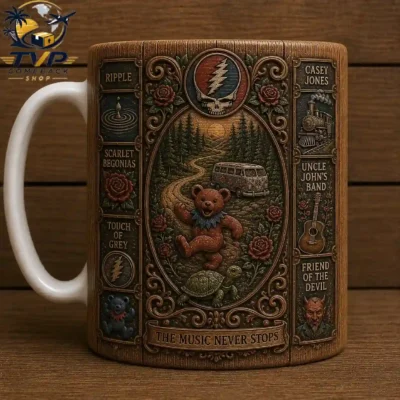 Grateful Dead Rustic Campfire Mug – Vintage Hippie Coffee Cup with Forest Artwork