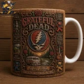 Grateful Dead Rustic Campfire Mug – Vintage Hippie Coffee Cup with Forest Artwork 2 Grateful Dead themed ceramic mug with classic iconography