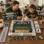 Green Bay Packers Collector's Edition Monopoly Board Game 2 Father and son playing Green Bay Packers Collector Edition Monopoly at Tvpcomebackshop