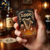 Zippo lighter featuring Guinness branding held in hand