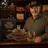 Gulf War Veteran Whiskey Limited Edition Bottle And Glass Set 4 A Gulf War veteran posing with a tank-shaped whiskey decanter set from Tvpcomebackshop.