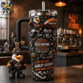 Black Harley-Davidson insulated tumbler with eagle mascot keychain from Tvpcomebackshop