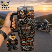 Hand holding a 3D Harley-Davidson themed tumbler with a matching eagle keychain