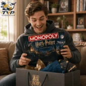 Harry Potter Hogwarts Castle Collectible Monopoly Board Game 1 A man excitedly opening a Harry Potter Monopoly Collector Edition board game gift.