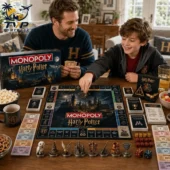 Harry Potter Hogwarts Castle Collectible Monopoly Board Game 2 Father and son playing Harry Potter Collector Edition Monopoly board game at home