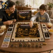 Harry Potter Hufflepuff Collector's Edition Monopoly Board Game 2 Father and son playing Hufflepuff Monopoly board game at home