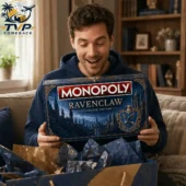 Harry Potter Ravenclaw Collector's Edition Monopoly Board Game 1 Man holding a Harry Potter Ravenclaw Collector Edition Monopoly board game box
