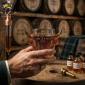 A person holding a Highland Cow whiskey glass in a distillery setting