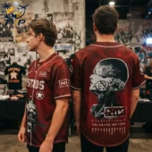 Two men wearing Nine Inch Nails baseball jerseys in red with graphic prints available at Tvpcomebackshop