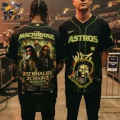 Front and back view of a custom Houston Astros-themed Macrodose Tour jersey featuring Wiz Khalifa and 2Chainz graphics available at Tvpcomebackshop.