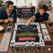 Houston Texans Collector Edition Monopoly Board Game 2 Father and son playing Houston Texans Monopoly board game at home
