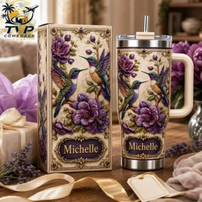 Hummingbird & Purple Flower Custom Name Tumbler with Handle