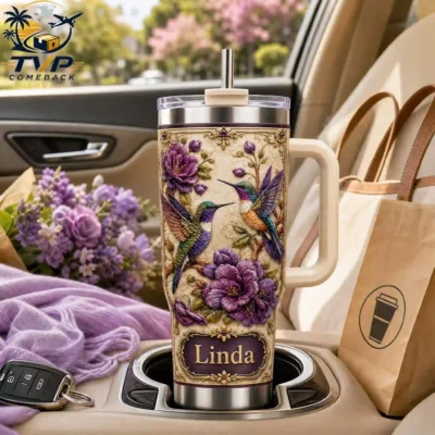 Hummingbird & Purple Flower Custom Name Tumbler with Handle
