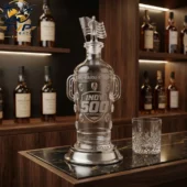 Indy 500 110th Anniversary Borg-Warner Trophy Premium Decanter Bottle 3 Indy 500 Borg-Warner Trophy themed glass liquor decanter on a bar counter