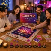 Four friends playing Monopoly Instagram edition board game by Tvpcomebackshop