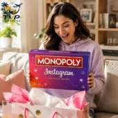 Instagram Monopoly Board Game 2026 2 Woman excitedly opening a Monopoly Instagram Collector Edition game from Tvpcomebackshop