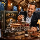 Iron Horse Whiskey Express Train Decanter Bottle 3 Man interacting with a detailed Iron Horse Whiskey Express train decanter set from Tvpcomebackshop.