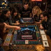 A group of friends playing Iron Maiden Collector Edition Monopoly at Tvpcomebackshop.