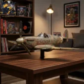 Iron Maiden 50th Anniversary Spitfire Garden Wind Spinner 2 Iron Maiden 50 Years Up The Irons Spitfire model plane on a wooden table.