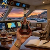 JR Ewing Special Reserve Collectible Whiskey Bottle 2 JR Ewing Special Reserve guitar-shaped bourbon whiskey bottle held on a luxury yacht