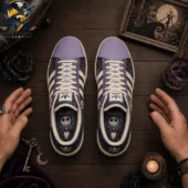 Pair of purple and black patterned Jack Skellington themed Adidas sneakers on a wooden table