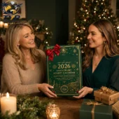 Two women holding a 2026 Irish whiskey anniversary advent calendar