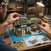 Person building a Jeep service station brick set model from Tvpcomebackshop