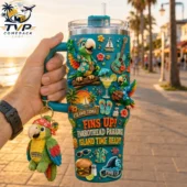 Tropical Parrothead-themed tumbler cup with matching keychain from Tvpcomebackshop
