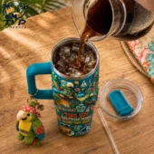 Tropical Parrothead themed insulated tumbler with handle and plush keychain