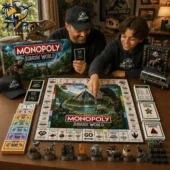 Father and son playing Jurassic World Monopoly board game from Tvpcomebackshop