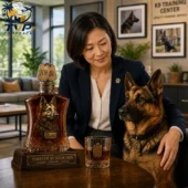 K9 German Shepherd Forever By Your Side Whiskey Bottle 3 Woman petting a German Shepherd next to a custom K9 Guardian decanter set from Tvpcomebackshop