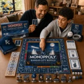 Father and son playing the Kansas City Royals Collector Edition Monopoly game from Tvpcomebackshop.